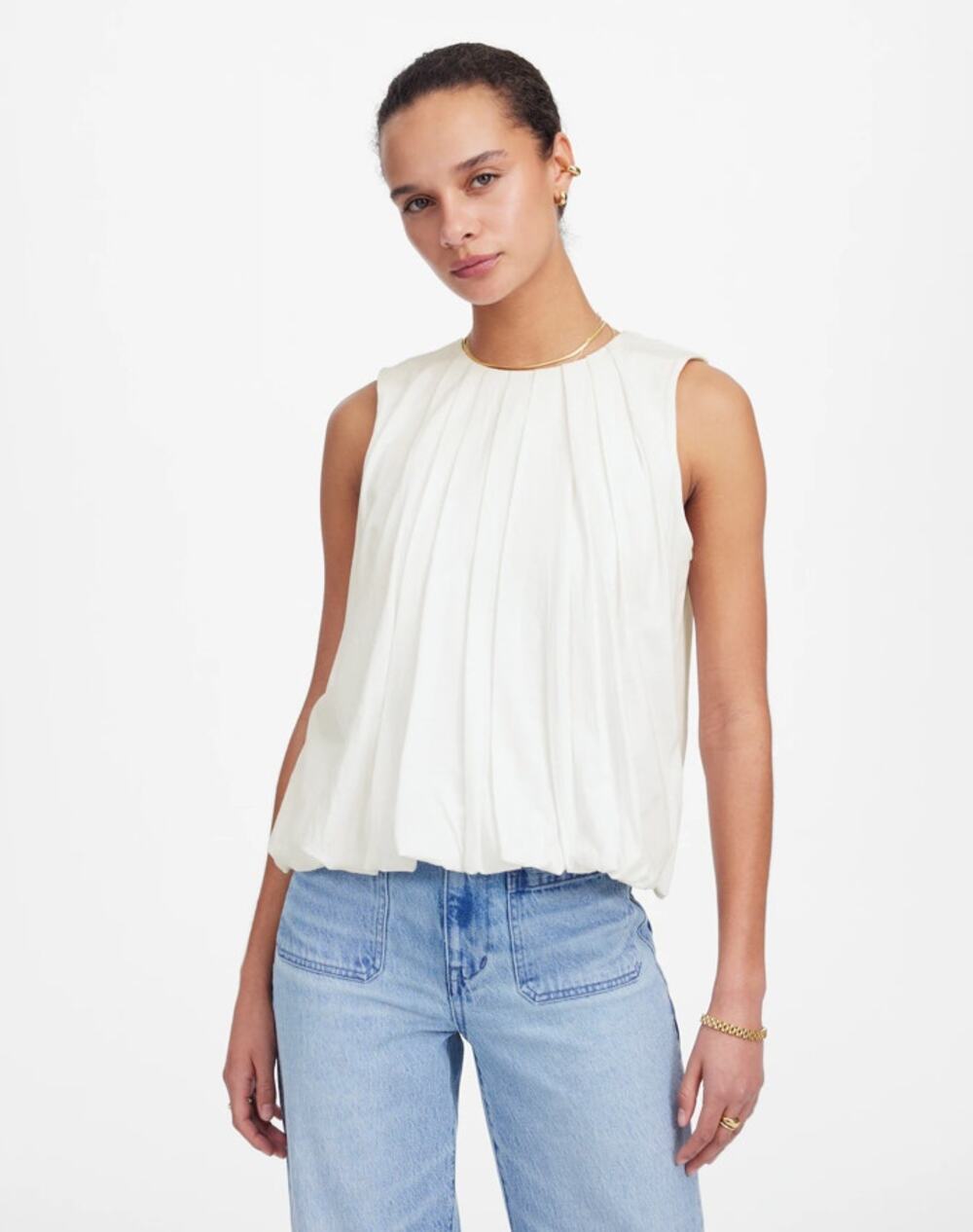 Madewell Crewneck Bubble Top Womens M White Sleeveless Lined Cotton Stretch Knit